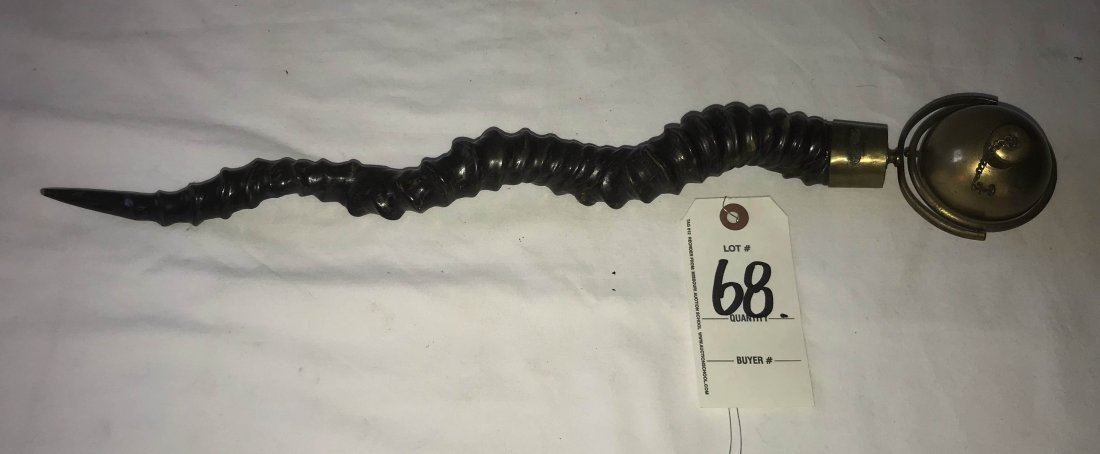 FURNITURE, ACCESSORIES, COUNTRY COLLECTIBLES, TOYS,: Unusual lamp lighter w/round swiveling brass font, mounted on a swirling carved tree branch handle, tip of handle slightly chipped, 19 1/4" L, font 2 1/4" diameter