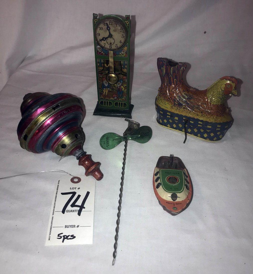 FURNITURE, ACCESSORIES, COUNTRY COLLECTIBLES, TOYS,: Grouping of (5) vintage tin toys: wag on the wall clock, elf design, 7 1/4" T; mechanical laying hen w/crank handle by Baldwin Mfg. Co., Inc-no eggs, 4 3/4" T; spinning propeller toy, marked Lehmann M