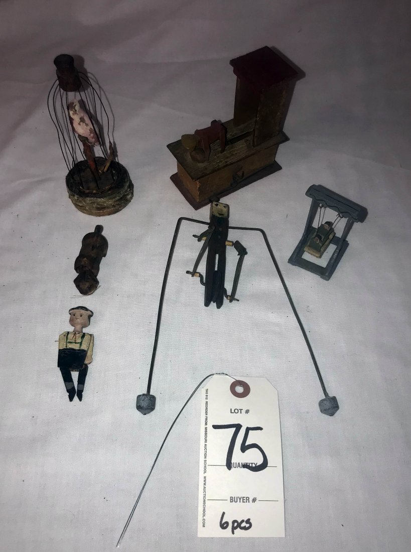 FURNITURE, ACCESSORIES, COUNTRY COLLECTIBLES, TOYS,: Grouping of 6 vintage toys: wooden painted swing w/2 people, marked Germany, 2 3/4" T; cat figure w/bobble head, 2 1/4" L; handpainted wooden marionette figure of a boy, 2 1/2" L; ; wooden mechanical 