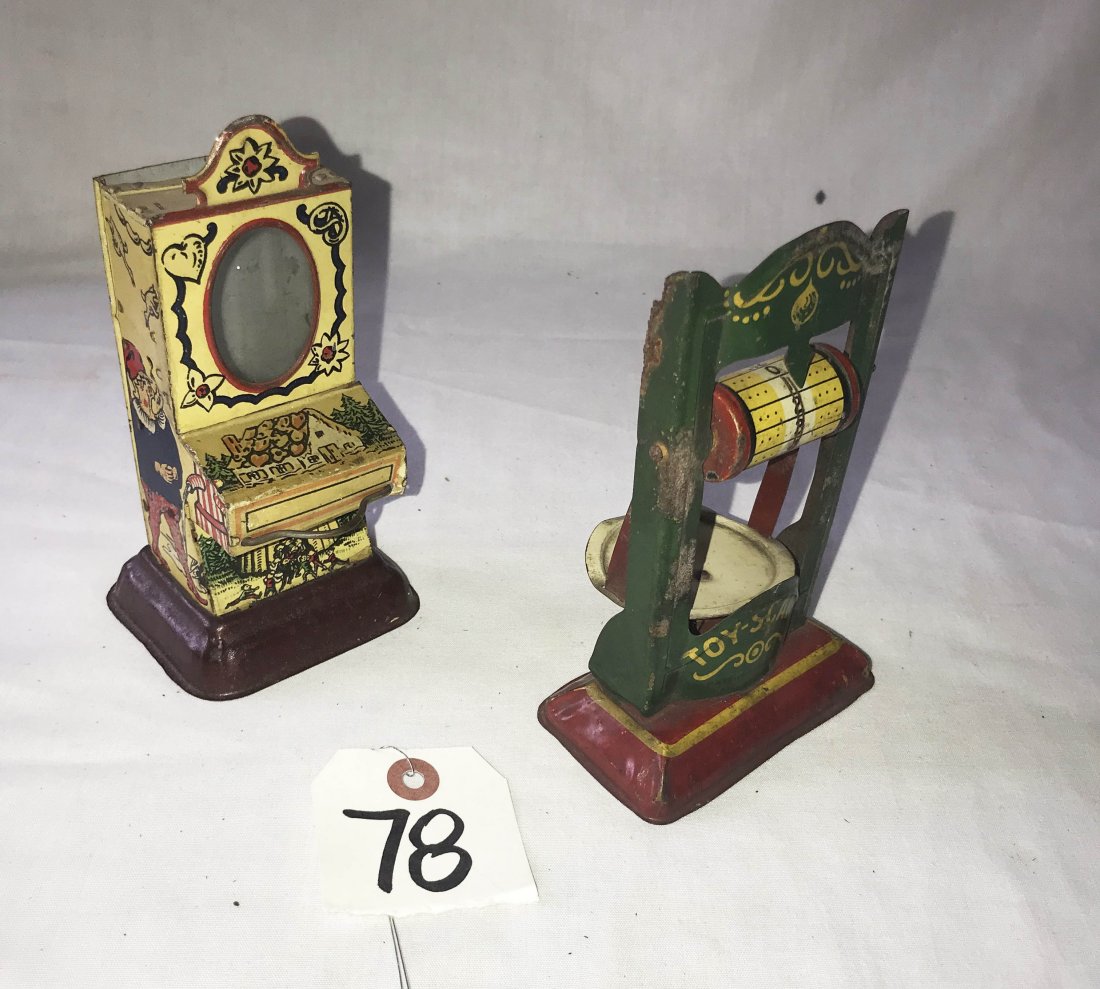 FURNITURE, ACCESSORIES, COUNTRY COLLECTIBLES, TOYS,: Grouping of (5) vintage toys: dispenser w/elf type figures-probably incomplete; mechanical pinwheel toy w/wooden handle; spinning toy on spiral column w/wooden ends; scale painted green and red; AND a