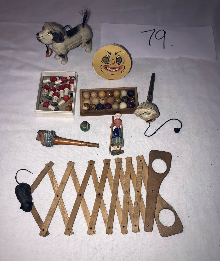 FURNITURE, ACCESSORIES, COUNTRY COLLECTIBLES, TOYS,: Vintage toy lot including: box of clay marbles; paper face w/adjustable eyes; paper mache sad face w/brass handle; paper mache dog w/adjustable tongue; mouse mounted on a wooden "scissor" handle; smal