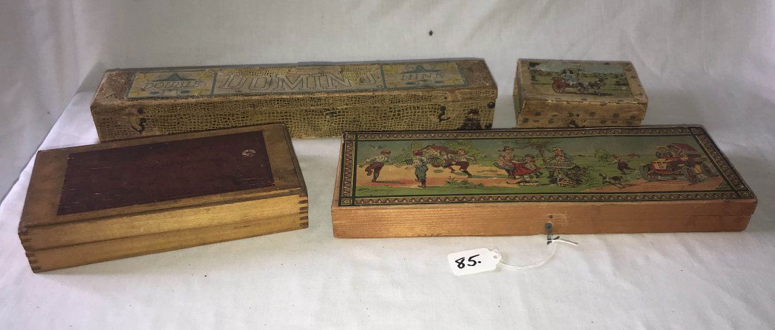 FURNITURE, ACCESSORIES, COUNTRY COLLECTIBLES, TOYS,: Vintage Toy Grouping all in wooden boxes: xzylophone w/hammer, paper decal on lid depicting children at play, fabric hinge worn, base of box needs regluing, 1 1/2" T x 14 1/4" W x 5" D; set of 6 build