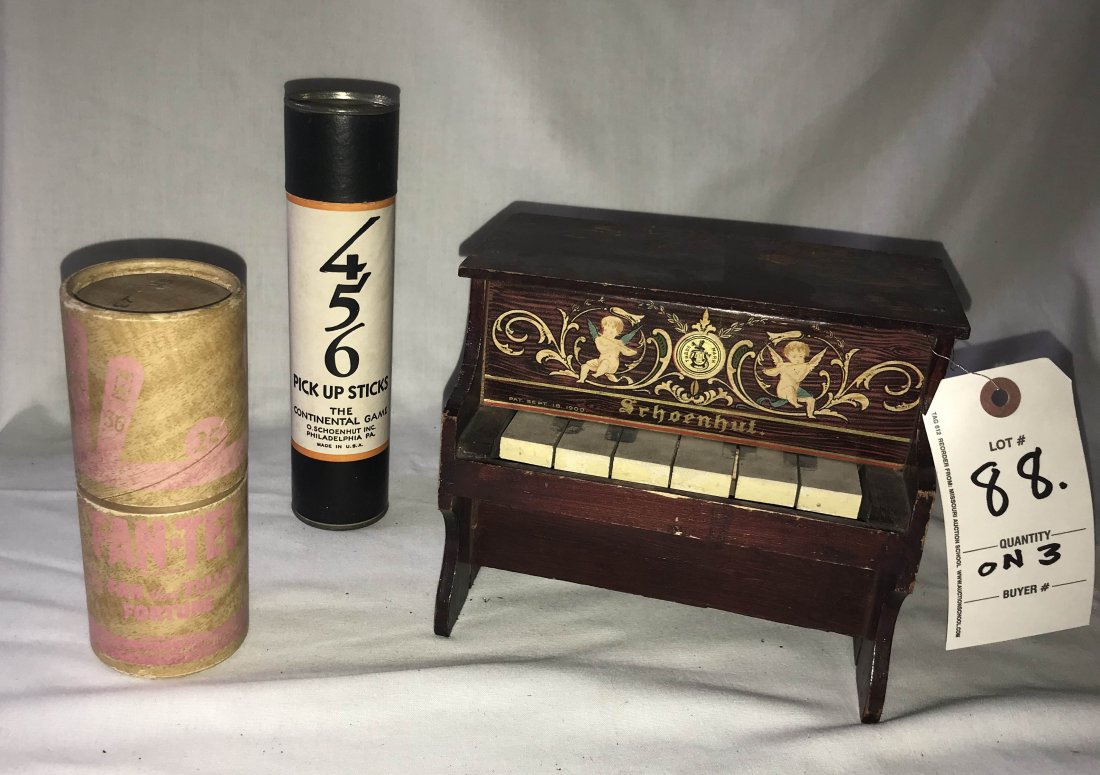 FURNITURE, ACCESSORIES, COUNTRY COLLECTIBLES, TOYS,: Grouping of Schoenhut toys: wooden piano w/angel design, red finish showing wear, 6 1/4" T x 7 1/2" W x 5" D; "Fan-Tel" Game-The Game That Tells Your Fortune in a cardboard cylindrical container w/ins