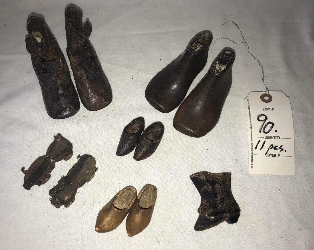 FURNITURE, ACCESSORIES, COUNTRY COLLECTIBLES, TOYS,: Grouping of vintage child's/doll shoes: pair of brown leather "booties", original worn condition; pair of wooden shoe molds; (1) leather high top doll boot; (2) pairs of Dutch wooden doll shoes-all sh