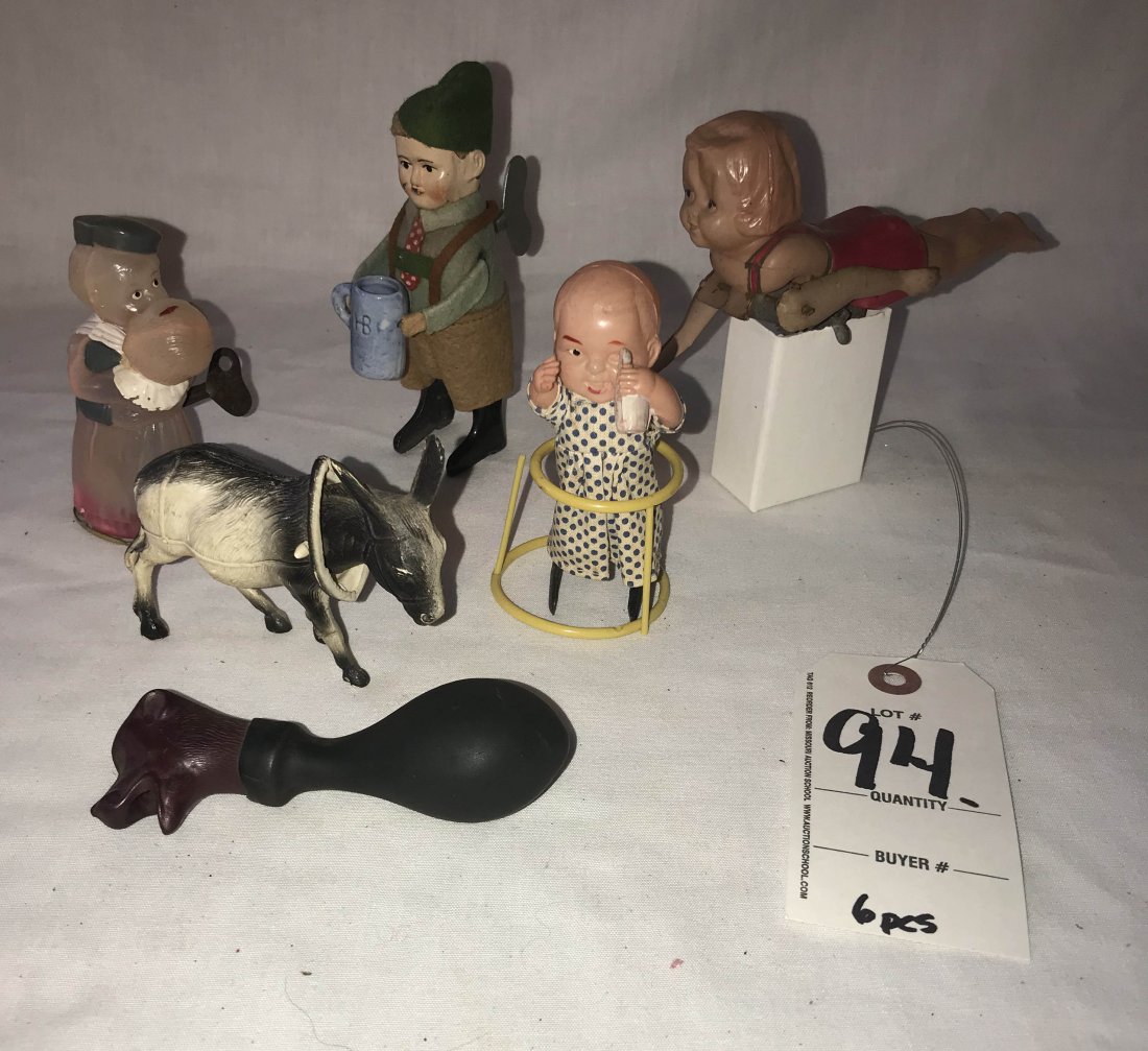 FURNITURE, ACCESSORIES, COUNTRY COLLECTIBLES, TOYS,: Grouping of 6 toys: celluloid mechanical boy and girl dancing-Dutch figures, made in Occupied Japan, damage to bottom; celluloid donkey w/bobble head; "bombay" style horn w/composition dog's head; Sch
