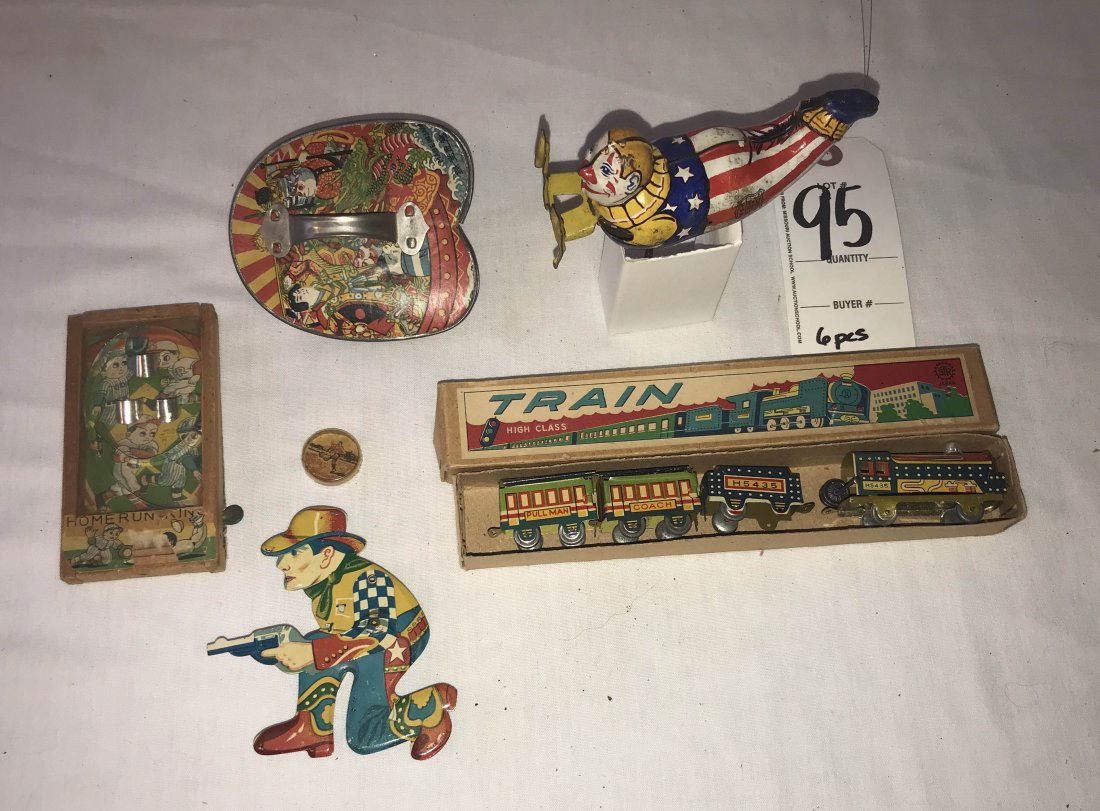 FURNITURE, ACCESSORIES, COUNTRY COLLECTIBLES, TOYS,: Grouping of 6 miniature toys: tin litho freight train set in original box, made in Japan; paper accordion made in Japan; tiny hand held soccer ball game, 1" diameter; home run king game in wooden case