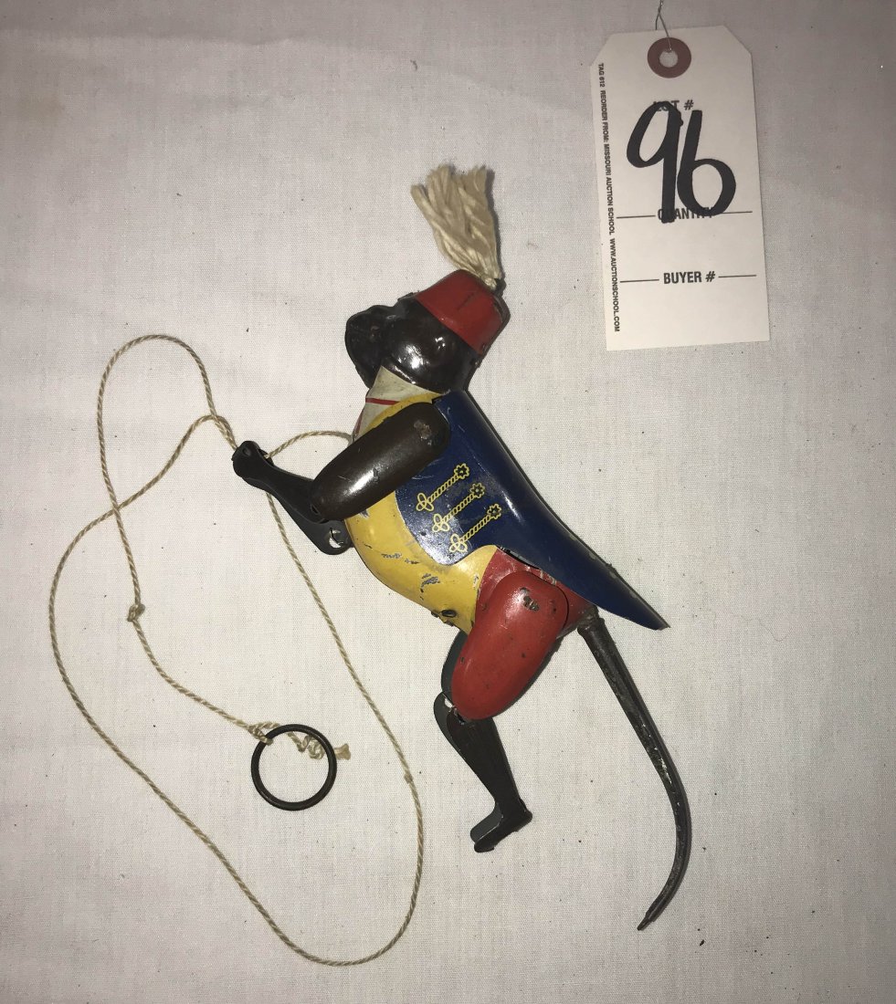 FURNITURE, ACCESSORIES, COUNTRY COLLECTIBLES, TOYS,: Vintage tin litho monkey toy in "organ grinder monkey" outfit, jointed w/string attached, some paint loss, wear, 8" L