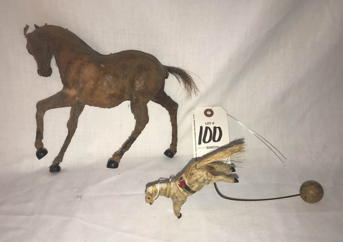 FURNITURE, ACCESSORIES, COUNTRY COLLECTIBLES, TOYS,: Folk art horse figure w/brown hide covering, hair tail, glass type eyes, hide dried out w/age, mane missing, seams separating, 8 1/4" T x 9" L AND vintage cloth horse figure on wire stand w/wooden bal