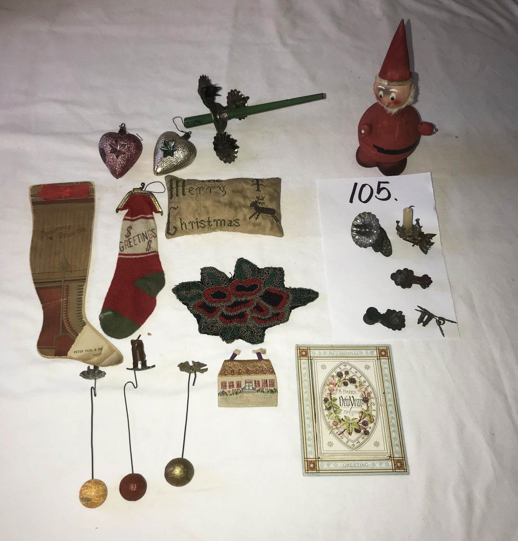 FURNITURE, ACCESSORIES, COUNTRY COLLECTIBLES, TOYS,: Vintage Christmas collectibles: Santa Claus figural paper box marked Germany; child's fabric Christmas sock purse; (2) glass heart shaped tree ornaments; tin triple candleholder; various other clip on