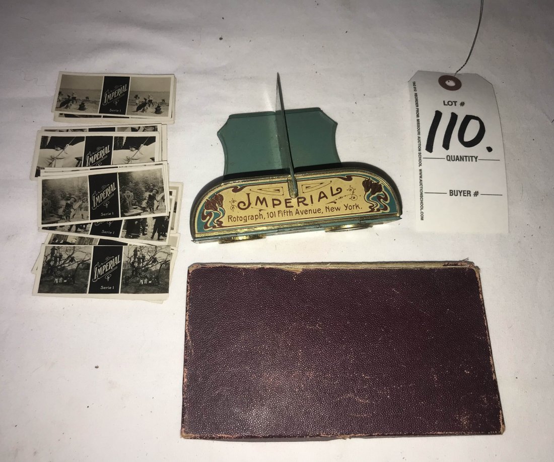 FURNITURE, ACCESSORIES, COUNTRY COLLECTIBLES, TOYS,: Vintage tin toy - Imperial Rotograph, labeled Portable Folding Stereoscope w/Stereo Glass Slides, litho floral design, original box, w/approx. 23 slides, box shows old wear, creases and tears, box mea