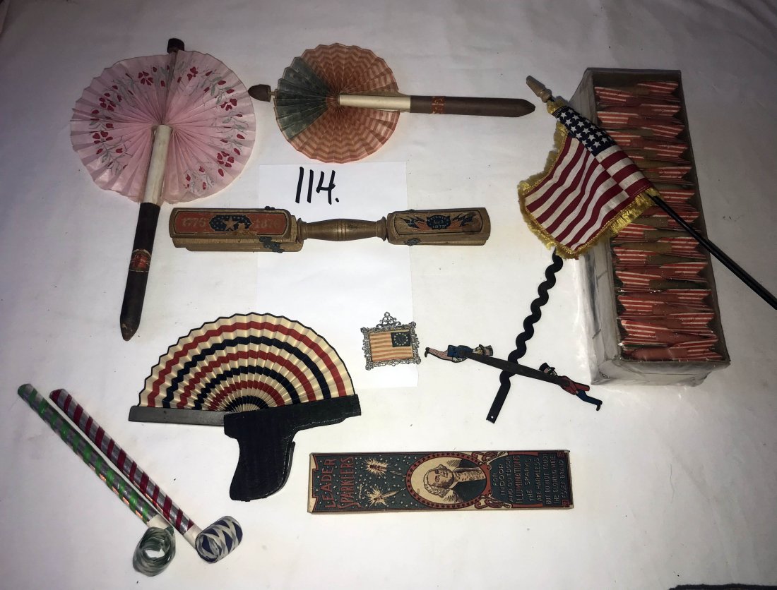 FURNITURE, ACCESSORIES, COUNTRY COLLECTIBLES, TOYS,: Grouping of vintage fans and collectibles: tin Uncle Sam "slider" toy-rust and paint loss showing; wooden American Centennial noise maker; (2) cigars opening to paper fans; wooden pistol opening to re