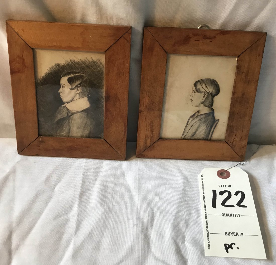 FURNITURE, ACCESSORIES, COUNTRY COLLECTIBLES, TOYS,: Pair of antique profile portraits of a young man and young lady, appear to be done in pen, ink and charcoal, unsigned, mounted in matching maple frames, each fram 6" x 5" sight