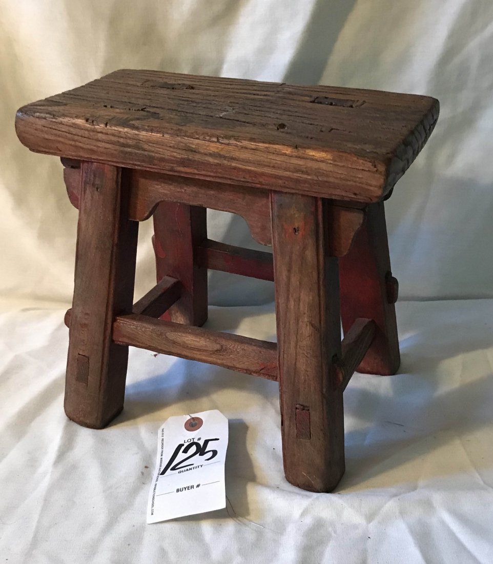 FURNITURE, ACCESSORIES, COUNTRY COLLECTIBLES, TOYS,: Antique splay leg country footstool w/stretcher base, mortise and tenon top and joints, distressed and worn red wash finish, 9 1/4" T x 10" W x 5 1/4" D