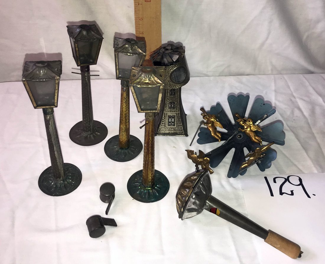 FURNITURE, ACCESSORIES, COUNTRY COLLECTIBLES, TOYS,: Vintage grouping of tin toys: tower w/revolving top, 6 1/4" T; (4) street lanters w/glass panels, 2 are missing small cross bars underneath lantern, 7 1/2" T; whistle/noise maker; (2) small whistles; 