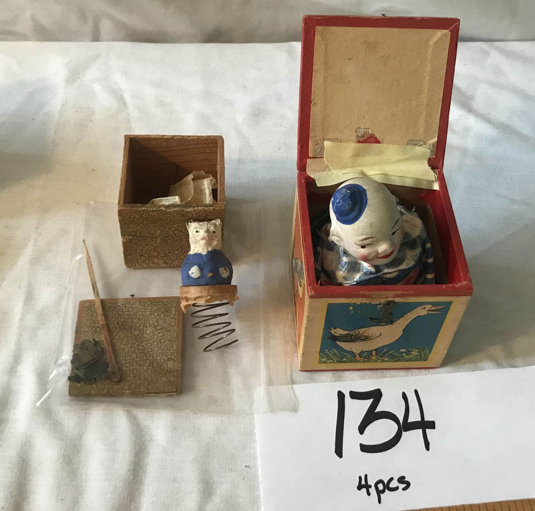 FURNITURE, ACCESSORIES, COUNTRY COLLECTIBLES, TOYS,: Grouping of 4 small vintage "Jack In The Boxes" all w/condition issues: clown w/repaired lid, paper slightly town; bear w/cloth head, needs to have spring reattached, lid is separated from box; cat w/