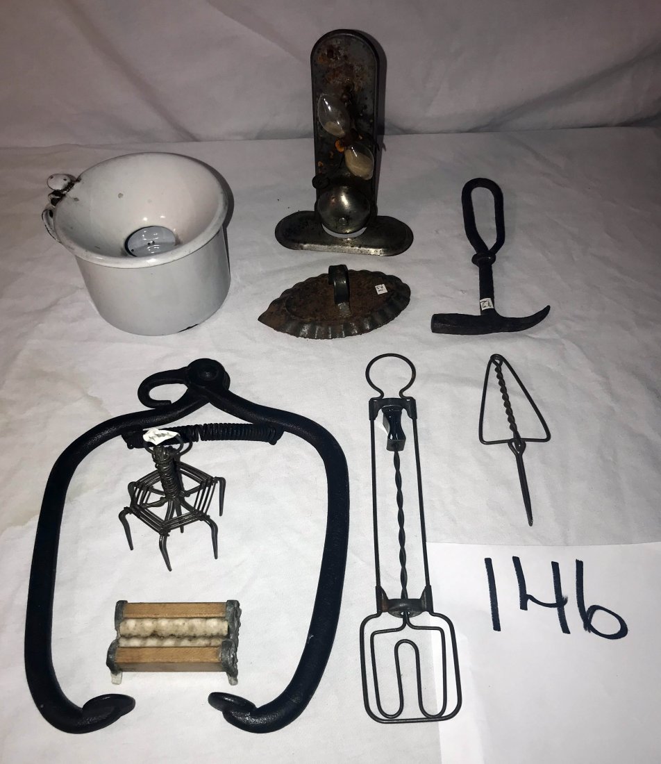 FURNITURE, ACCESSORIES, COUNTRY COLLECTIBLES, TOYS,: Vintage country antique grouping: small white porcelain lady's spittoon, 3" T x 4 1/2" diameter; wirework egg beater, 9 1/4" L; tin hour glass w/alarm bell, surface rust, 6 1/4" T x 4" W; knife sharpe