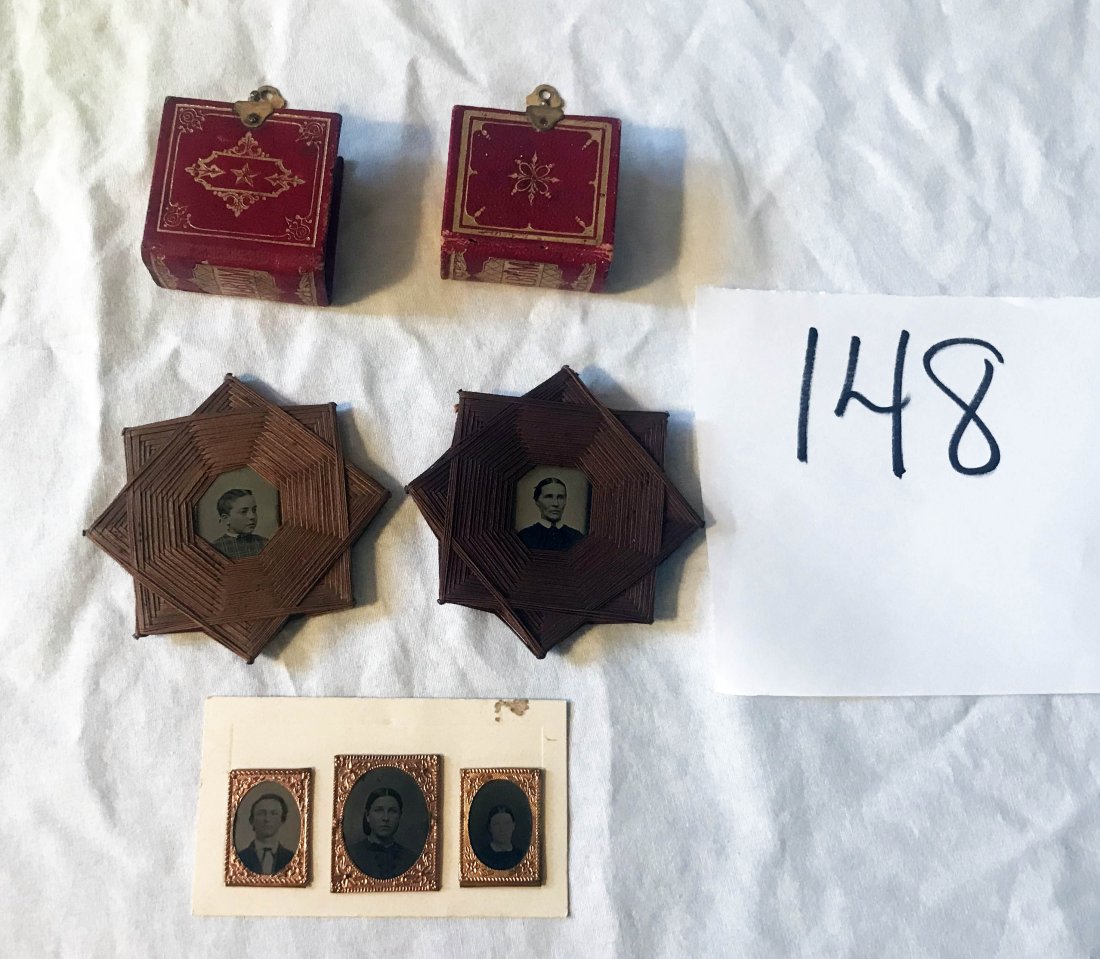 FURNITURE, ACCESSORIES, COUNTRY COLLECTIBLES, TOYS,: Grouping of tintypes: (2) in star shaped string frames (child, woman); (2) miniature red leather albums both w/brass latches (women, men, children); (3) mounted on cardboard (man, 2 younger women) not