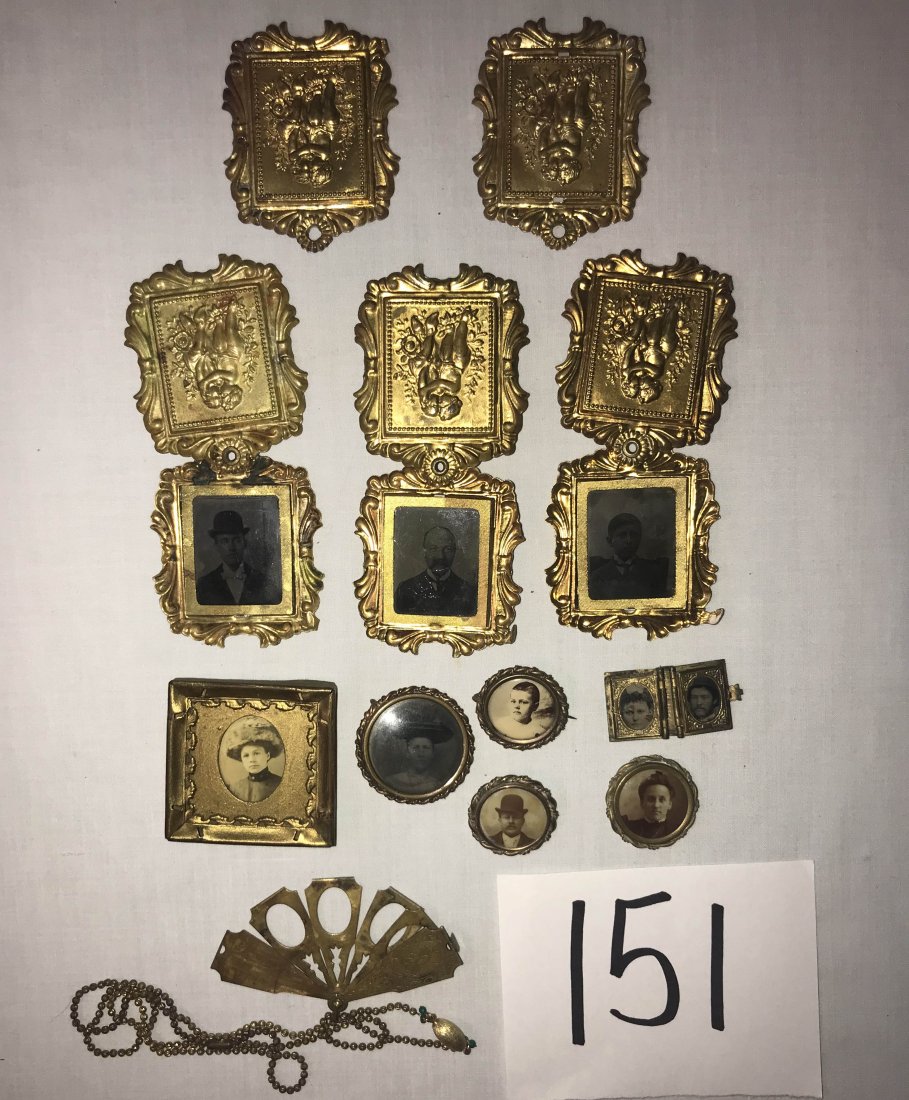 FURNITURE, ACCESSORIES, COUNTRY COLLECTIBLES, TOYS,: Grouping of 5 tin types in frames AND 5 Victorian photographs (men, women and a young boy)-1 in a standing frame, 4 in round pins AND emtpy brass picture holder for 4 pictures, opening to a fan