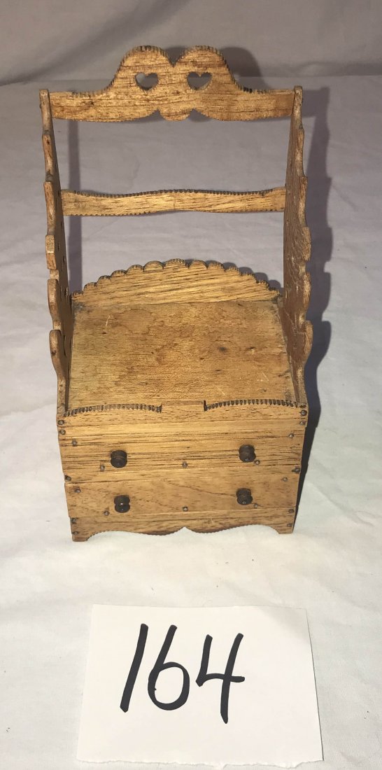 FURNITURE, ACCESSORIES, COUNTRY COLLECTIBLES, TOYS,: Small wooden folk art pen holder/stand, similar to tramp work, pierced carved design w/heartshaped crest, 2 drawers, tiny nail joints, 8 3/4" T x 4 1/2" W x 3 1/2" D