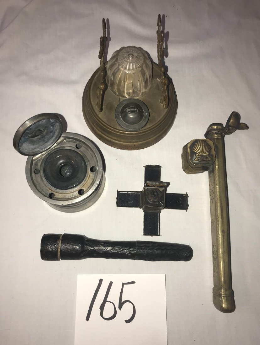 FURNITURE, ACCESSORIES, COUNTRY COLLECTIBLES, TOYS,: Collection of vintage inkwells: round brass w/pen holder, glass well and pewter cap, 4 1/2" diameter; round pewter w/pottery well, 3 1/4" diameter; rectangular tin w/glass well, lid and 4 folding side