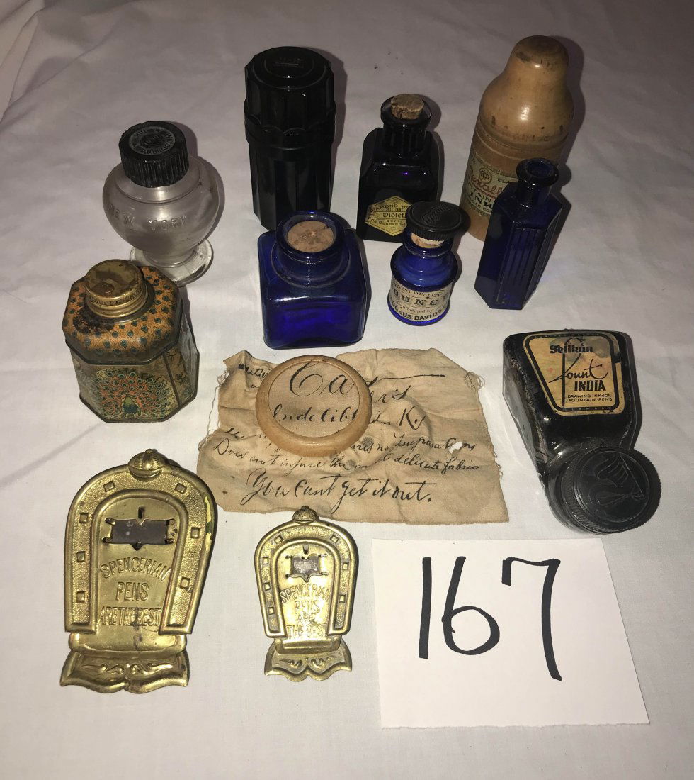 FURNITURE, ACCESSORIES, COUNTRY COLLECTIBLES, TOYS,: Grouping of ink bottle/pen advertising items: wooden Rexall ink bottle; black bakelite type case w/Waterman bottle; cobalt blue bottle for Diamond Brand Violet Ink; Thaddeus Davids Pounce bottle-cork