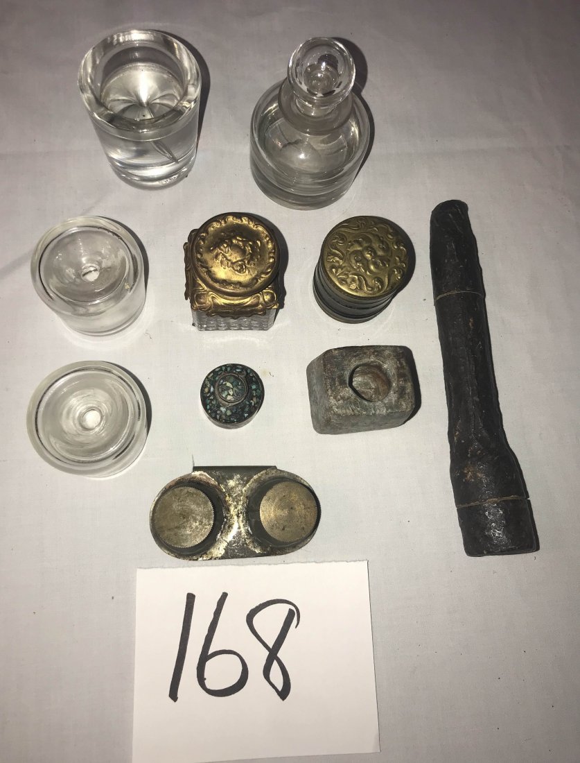 FURNITURE, ACCESSORIES, COUNTRY COLLECTIBLES, TOYS,: Grouping of 10 vintage inkwells/bottles: Victorian glass inkwell w/ornate brass cap and mounts; round brass well w/floral decorated cap; primitive tin double well w/brass tops and clip marked France; 