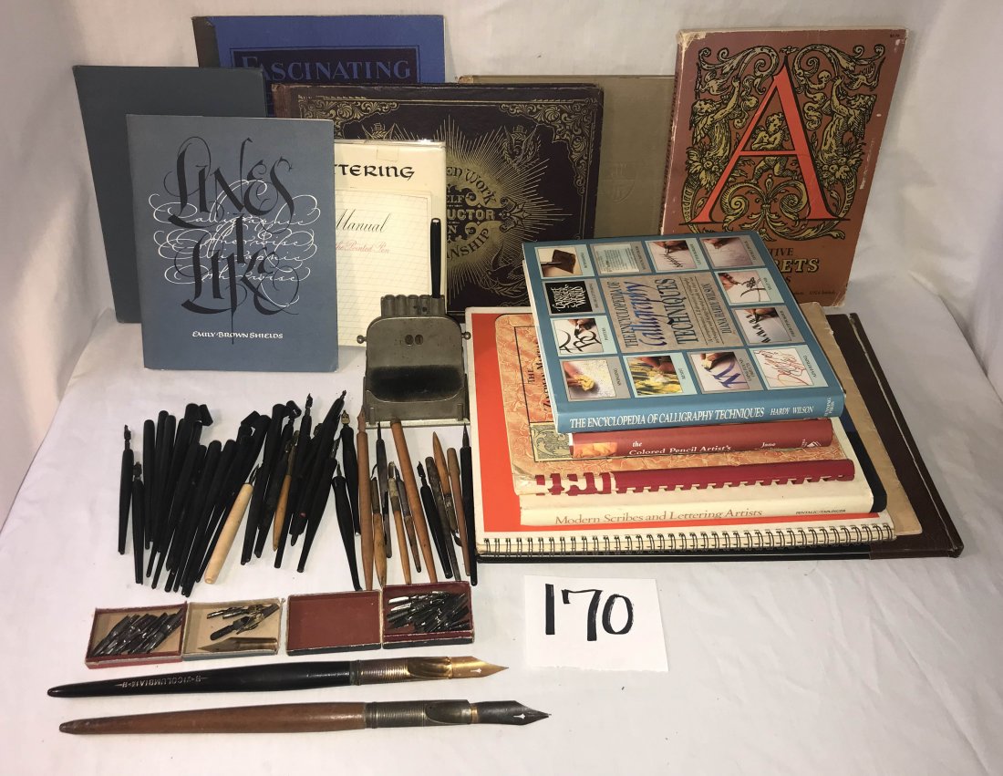 FURNITURE, ACCESSORIES, COUNTRY COLLECTIBLES, TOYS,: Grouping of drawing/lettering pens w/tips and numerous handles-various sizes from large to small AND numerous additional tips in 2 small boxes; nickel plated pen holder w/5 compartments, a counter and