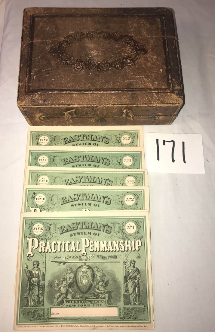FURNITURE, ACCESSORIES, COUNTRY COLLECTIBLES, TOYS,: Victorian leather lap desk, lid separated from base at hinge; (5) pens and (5) Penmans Assistant egg shaped holders-various sizes, (4) glass ink bottles w/caps, (5) boxes of pen tips and paperback vol