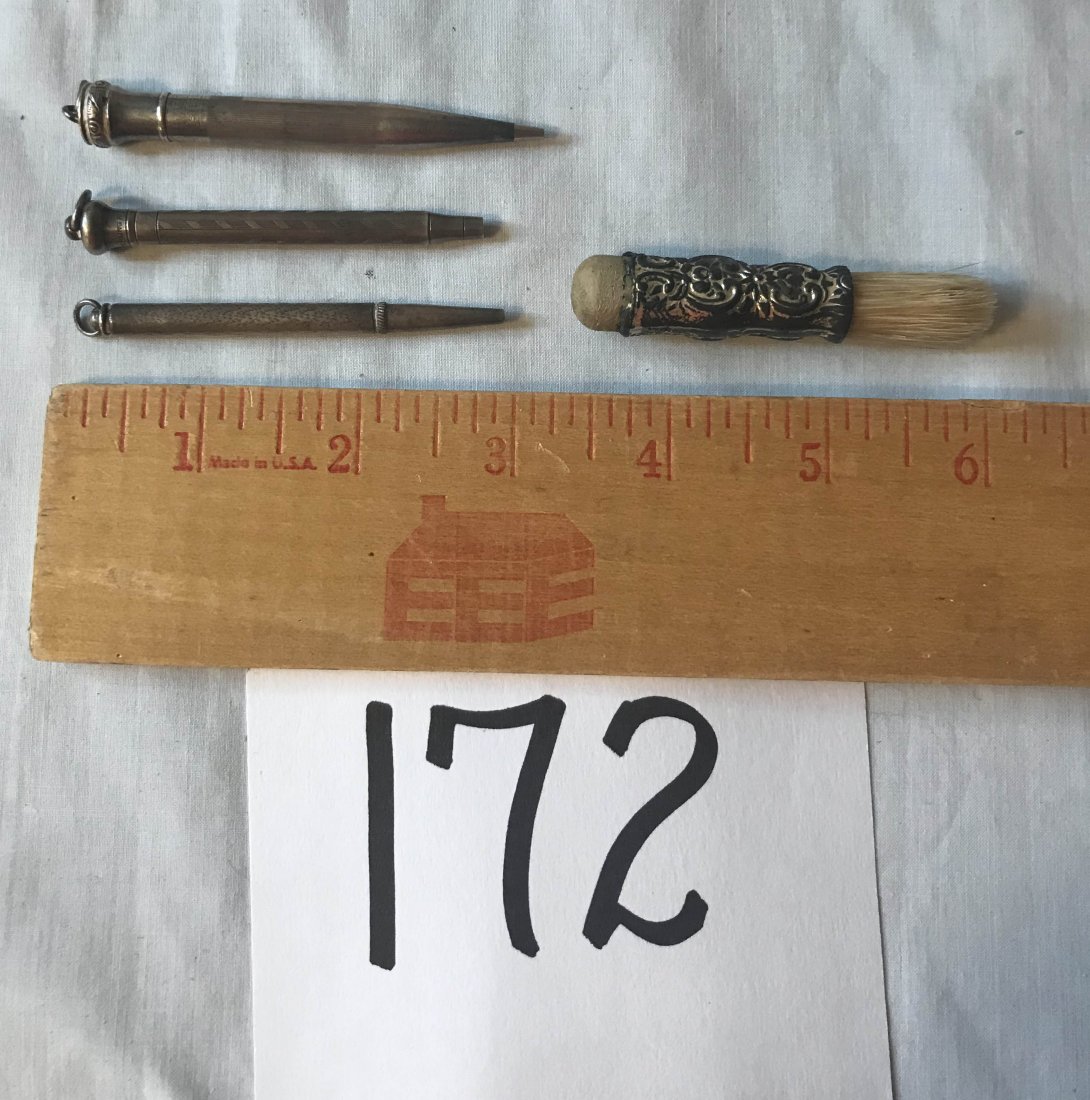 FURNITURE, ACCESSORIES, COUNTRY COLLECTIBLES, TOYS,: Grouping of 4 sterling silver writing items: (3) small mechanical pencils, (1) marked Wahl Eversharp AND a brush/blotter w/floral handle