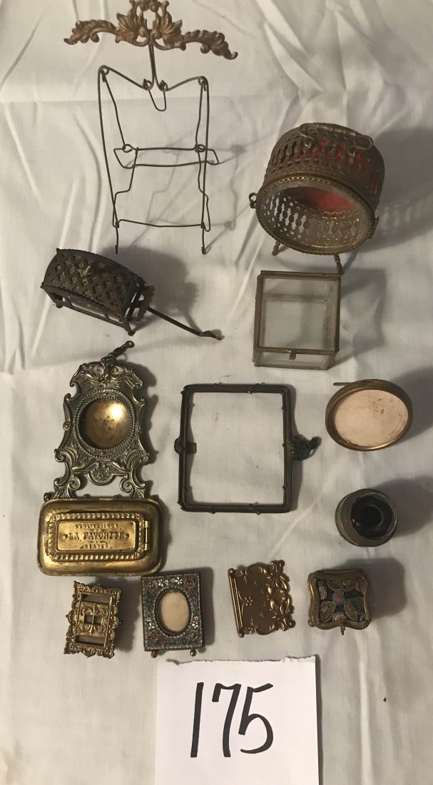 FURNITURE, ACCESSORIES, COUNTRY COLLECTIBLES, TOYS,: Grouping of miniatures and brass: small mosaic tile standing frame; round footed brass pocket watch holder w/glass door; repousee brass pocket holder made into a pendant; small brass box w/glass panel