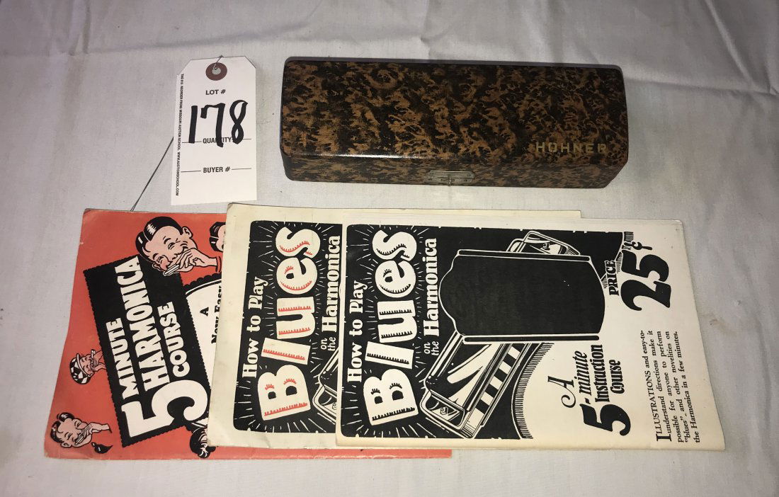 FURNITURE, ACCESSORIES, COUNTRY COLLECTIBLES, TOYS,: Hohner harmonica marked The 64 Chromonica-4 Chromatic Octaves-Professional Model, nickel plated finish w/simulated wood grain in custom made wooden case, bottom of case marked Nr. 280, box-1 3/4" T x