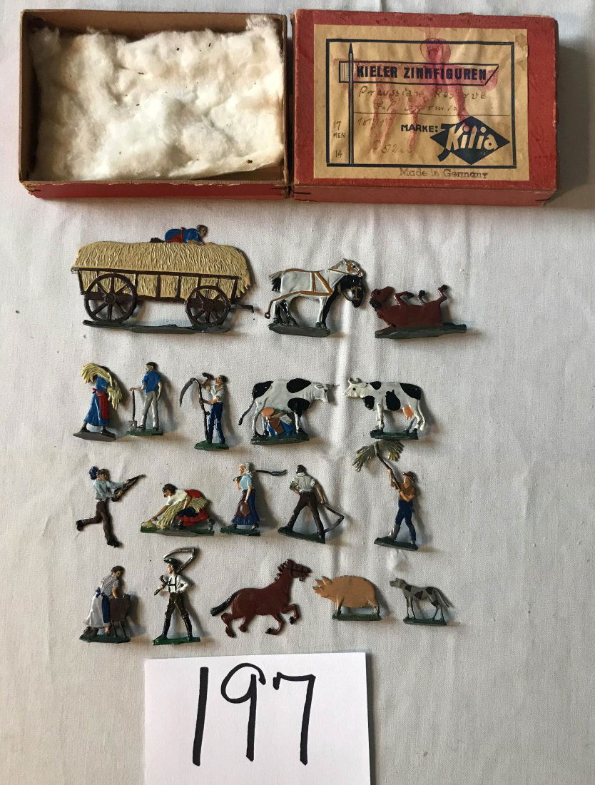 FURNITURE, ACCESSORIES, COUNTRY COLLECTIBLES, TOYS,: Grouping of approx. 18 die cast/white metal figurines depicting farmers, women, hay wagon, horses, cows, pig, dog, etc.; pieces are marked w/a number and H/H, made in Germany, box marked Kieler Zinnfi