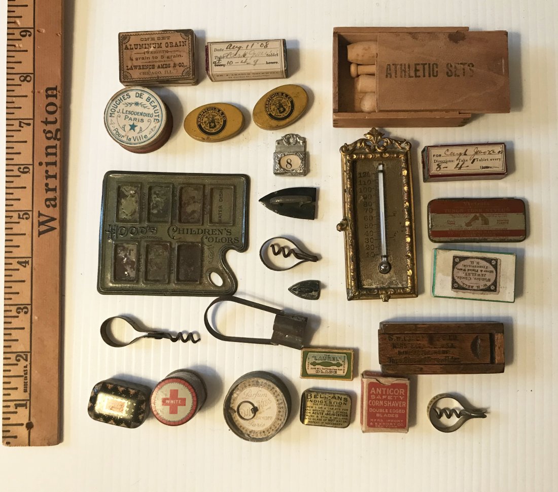 FURNITURE, ACCESSORIES, COUNTRY COLLECTIBLES, TOYS,: Grouping of miniatures: child’s tin watercolor tray, folding cork screws, irons, cookie cutters, “house” number 8, advertising boxes/tins, advertising items-brass wall thermometer (possibly a pa