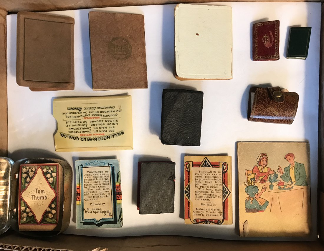 FURNITURE, ACCESSORIES, COUNTRY COLLECTIBLES, TOYS,: Grouping of miniature books and advertising envelope including: The Life of General Tom Thumb published by Moore and Nims, Troy, NY, black and white illustrations with tin case saying My Book on front