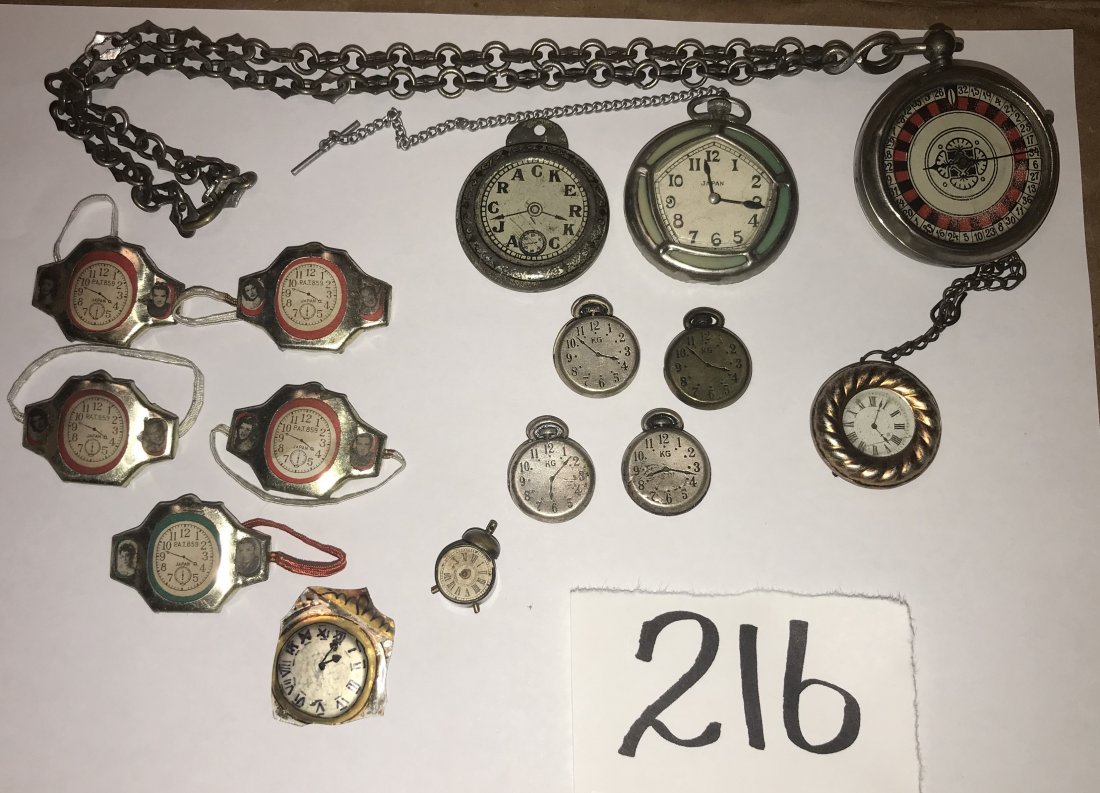 FURNITURE, ACCESSORIES, COUNTRY COLLECTIBLES, TOYS,: Group of toy stop watches, wristwatches, Cracker Jack watch