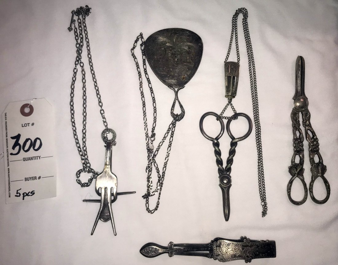 HANDCRAFTED JEWELRY, STERLING AND PLATED SILVER,: Grouping of (5) plated silver pieces: Victorian era tongs w/floral etched design, 5 1/2" L; triangular shaped small hand mirror made into necklace (no mark found), 4 1/4" L; dinner fork bent, made int