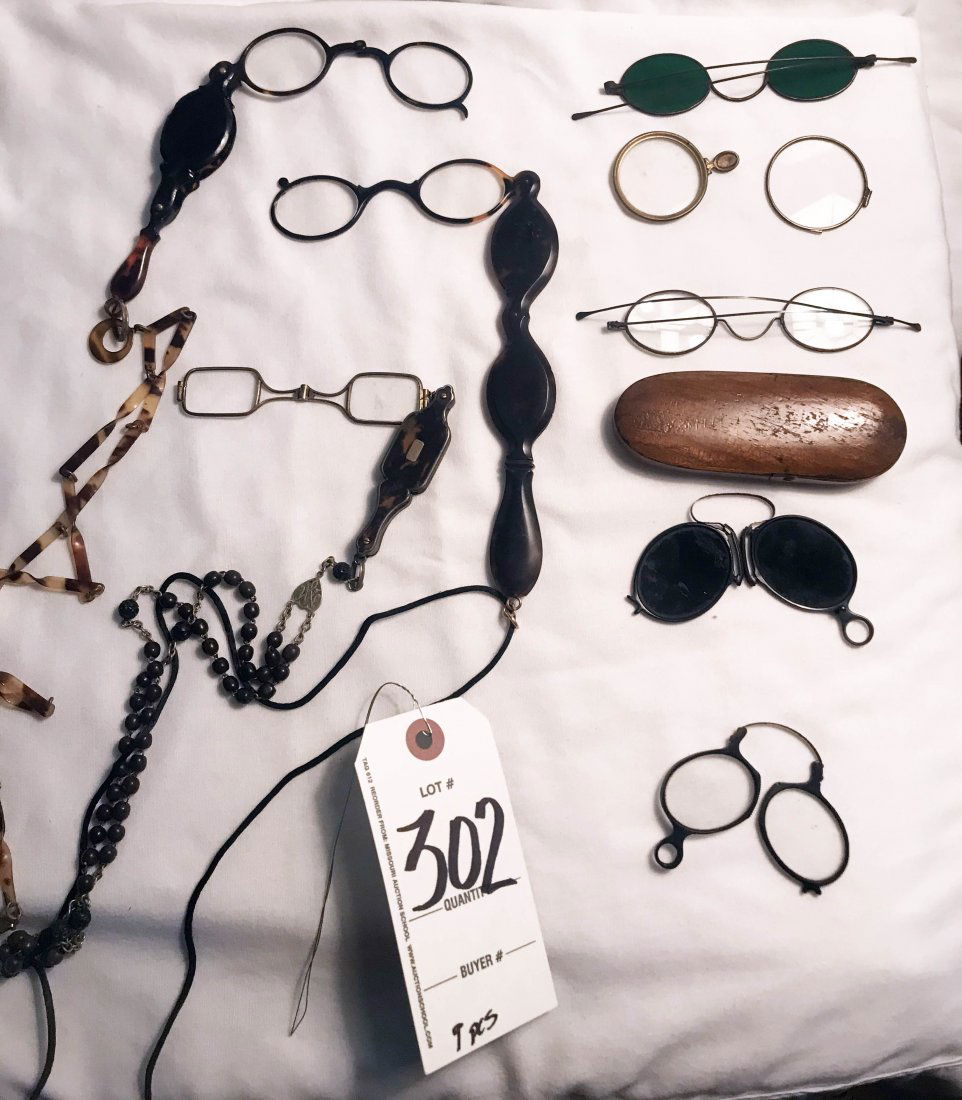 HANDCRAFTED JEWELRY, STERLING AND PLATED SILVER,: Grouping of (9) ladies eye glasses: (2) folding glasses in brown shell type plastic cases (1 w/double eye cover, 7 3/4" L and 1 folding glass to go in one eye cover w/brown shell type chain, 4 1/2" L)