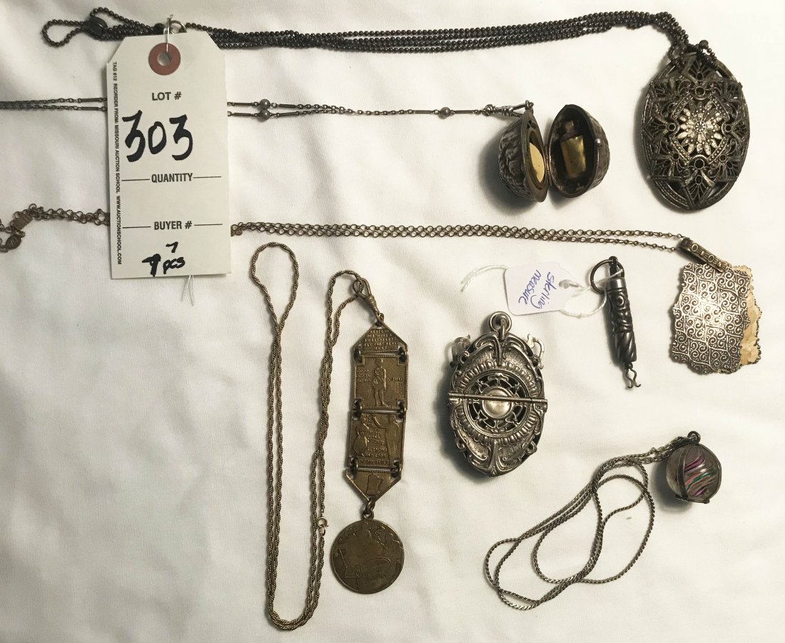 HANDCRAFTED JEWELRY, STERLING AND PLATED SILVER,: Grouping of 7 pieces some made into necklaces: recticulated plated silver oval case, floral design w/hinged lid, on chain, showing some tarnish, 3 1/4" L; nut form plated silver locket opens to place 