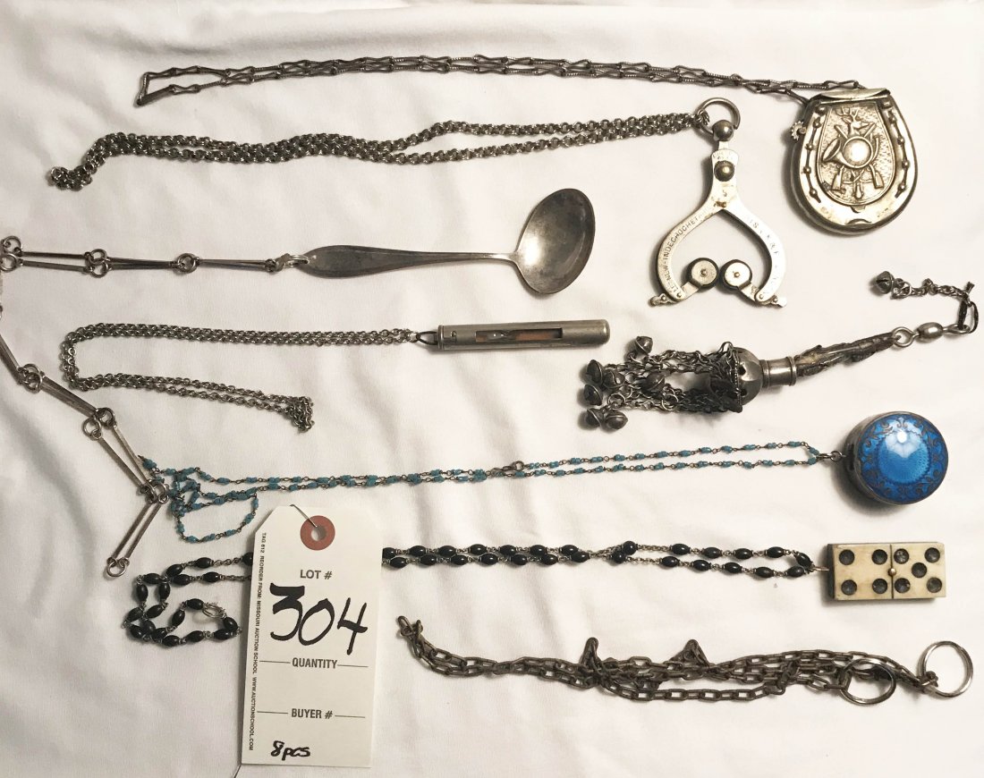 HANDCRAFTED JEWELRY, STERLING AND PLATED SILVER,: Grouping of 8 pieces made into necklaces: round blue enamel powder case w/inlaid design, marked G.H.F. and Co on beaded chain, case-1 1/2" diameter, chain 14 1/2" L; 4/5 domino on rosary chain, domino