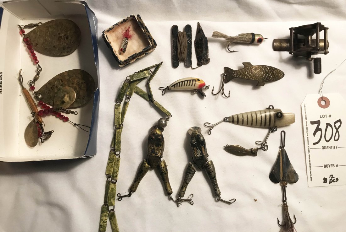 HANDCRAFTED JEWELRY, STERLING AND PLATED SILVER,: Grouping of 12 fishing lures and related items: small lure painted white, wooden frog lure made into a necklace, frog 4", wooden frog lure, 4"; metal line holder w/line and two sinkers; small brass re