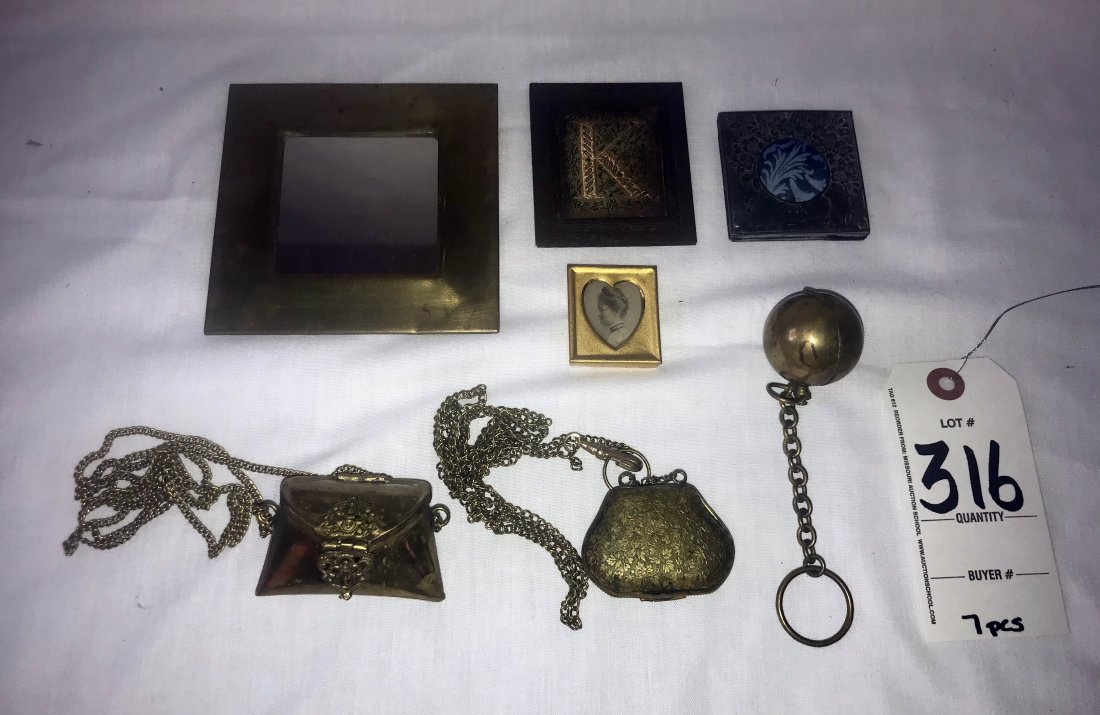HANDCRAFTED JEWELRY, STERLING AND PLATED SILVER,: Grouping of 7 pieces: mini purse w/metal floral cover, opens to red folding interior on watchchain, 2 1/4" x 1 3/4"; round brass mini purse, opens to blue/purple folding interior, some dark spots, 1 3