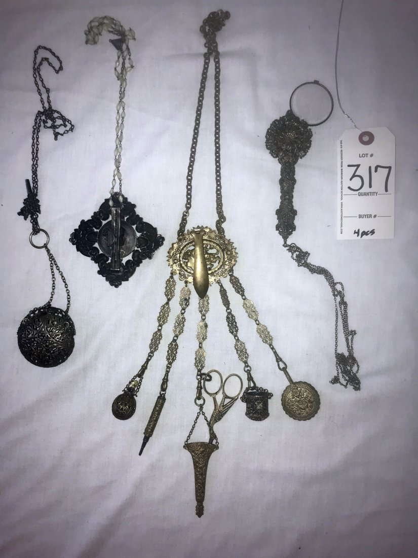 HANDCRAFTED JEWELRY, STERLING AND PLATED SILVER,: Grouping of 4 handcrafted pendants: square tin clip w/ornate floral decorative rim w/plated round center w/bust of young lady on rosary chain, approx. 3" square; round ornate filigree purse w/hinged s