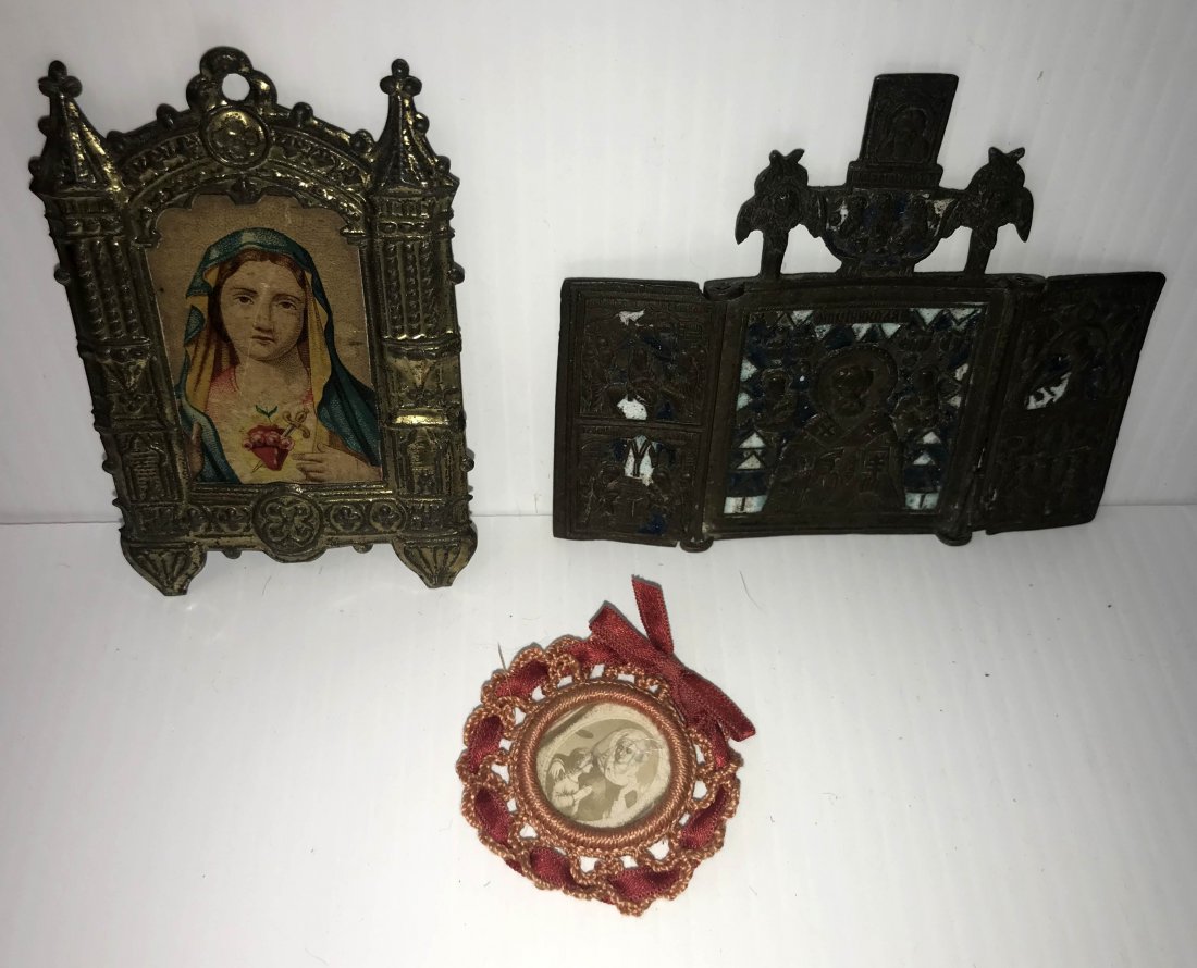 HANDCRAFTED JEWELRY, STERLING AND PLATED SILVER,: Antique religious triptych and brass/bronze w/blue and white handpainted enamel decoration, possibly Russian, various figural designs, 3 3/4" T x 4 1/2" W (open) AND a repousee tin frame w/color print