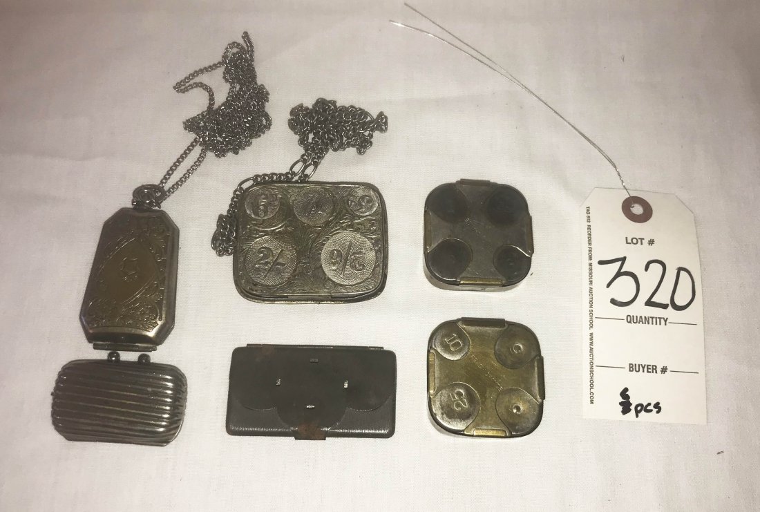 HANDCRAFTED JEWELRY, STERLING AND PLATED SILVER,: Grouping of 6 metal coin holders: small rectangular holder w/2 slots for coins, ridged design, 2 1/8" x 1 1/4"; tin holder w/slots for 3 coins, showing rust on front, 2 7/8" x 1 1/2"; (2) square brass
