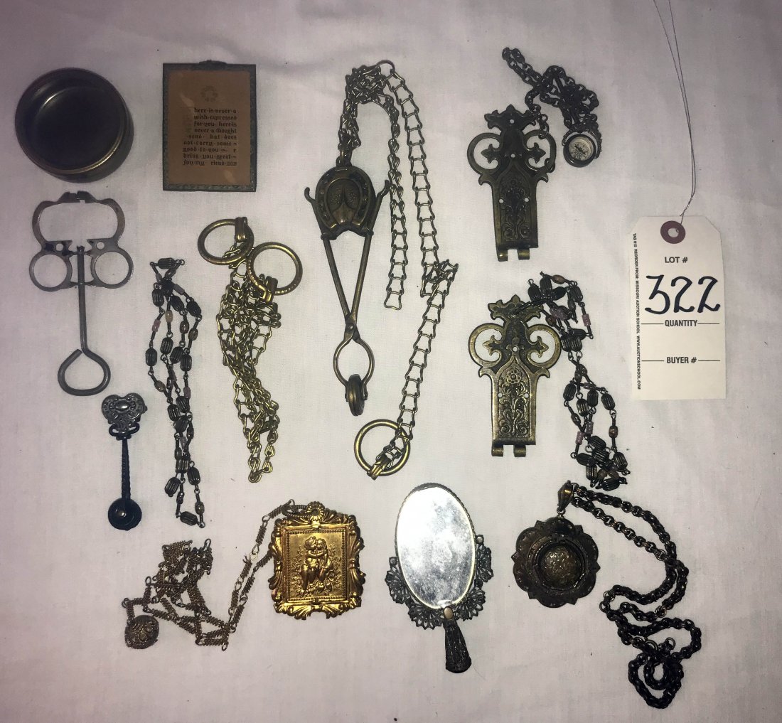 HANDCRAFTED JEWELRY, STERLING AND PLATED SILVER,: Round Victorian floral/ribbon decorated locket/holder w/triple hinged lid, opens w/latch to open, 2" diameter; pair brass tongs w/horse shoe design made into pendant, tongs 5 7/8" L; metal piece w/fin