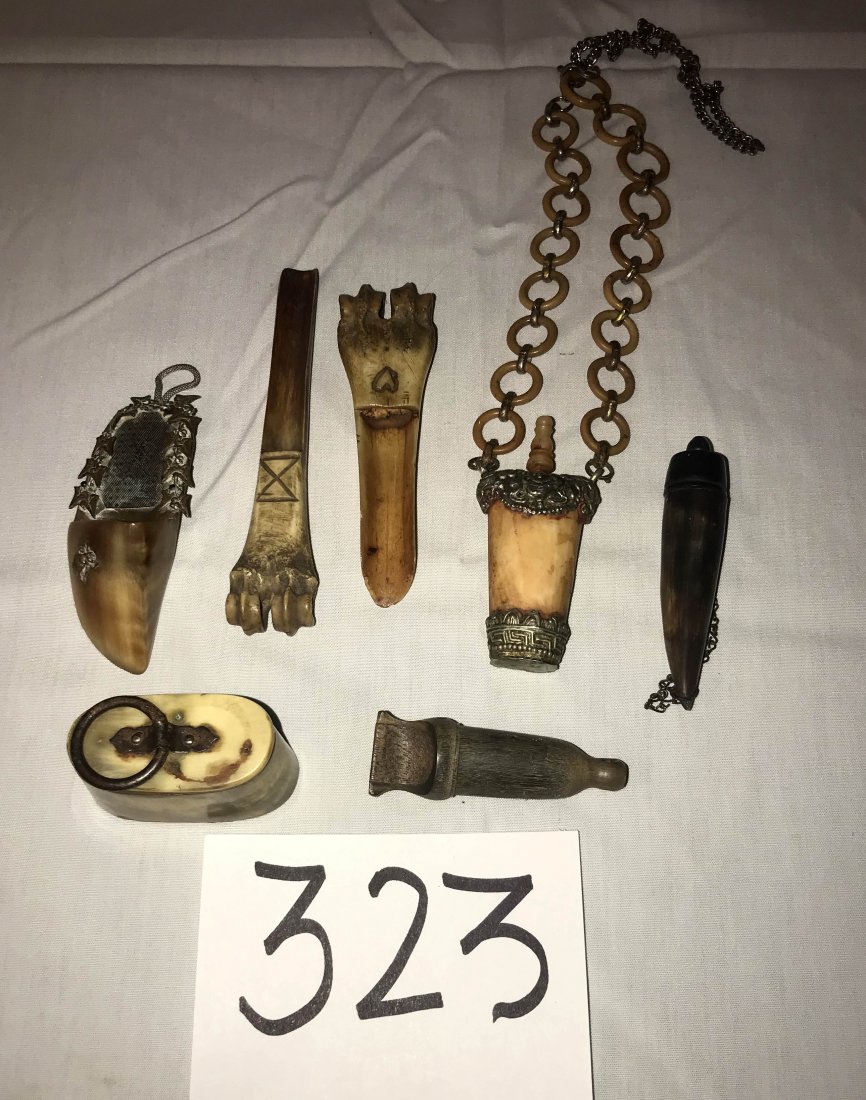 HANDCRAFTED JEWELRY, STERLING AND PLATED SILVER,: Grouping of 7 items made from horn/bone and wood: (2) spoons, powder horn shaped vessel; oval box w/latch top (cannot open); whistle; shoe shaped pendant w/metal design; "medicine" bottle w/metal desi