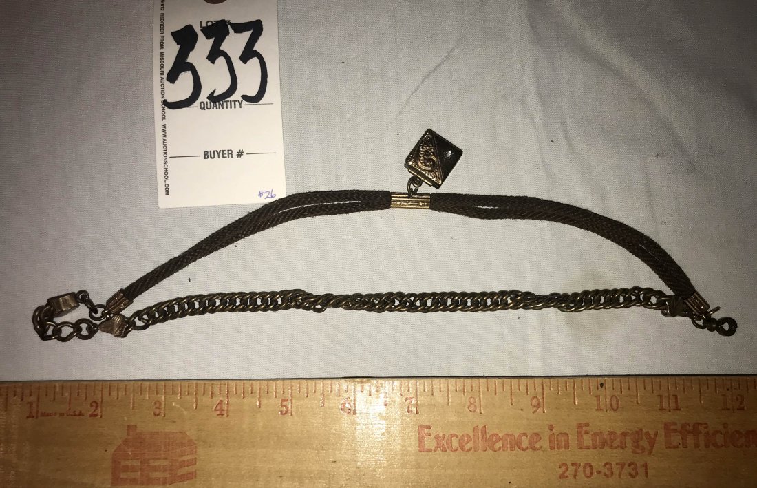 HANDCRAFTED JEWELRY, STERLING AND PLATED SILVER,: Victorian "double" hair weave watch chain w/heavy costume chain, small gold filled locket