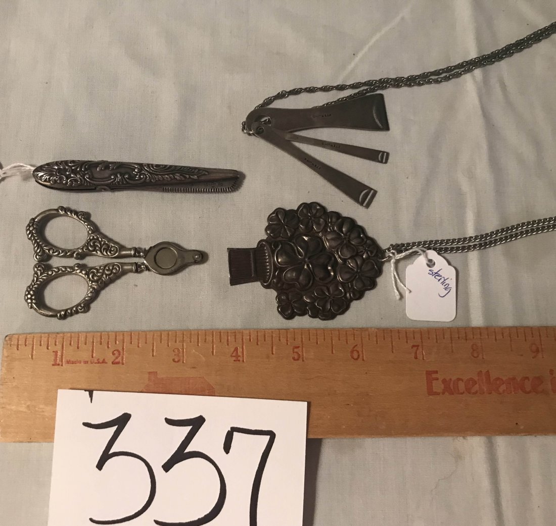 HANDCRAFTED JEWELRY, STERLING AND PLATED SILVER,: Grouping of sterling silver pcs.: Good Luck whistle, marked Reed and Barton w/4 leaf clover design; small set of tongs w/comb ends, ornate leaf handles; (3) small pieces w/handles monogrammed M; cigar