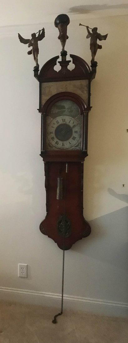 HANDCRAFTED JEWELRY, STERLING AND PLATED SILVER, CLOCKS: 19th century Dutch wall clock, the top having a separated arch pediment with center figure of Atlas flanked by 2 angel figures over a tombstone door opening to a handpainted dial with sailboats, Roman