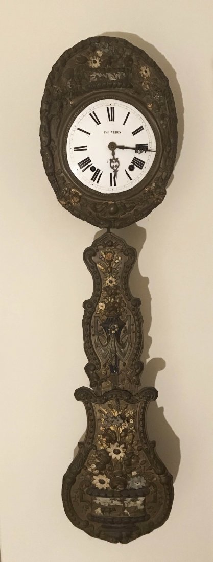 HANDCRAFTED JEWELRY, STERLING AND PLATED SILVER, CLOCKS: French Morbier style wall clock with repousse brass frame, round dial and matching repousse brass pendulum, ornate floral and leaf design with painted porcelain dial, Roman numerals, marked Paul Veron